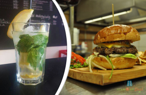 Frissítő mojito koktél kézműves hamburgerrel, káposztasalival, chipsszel és desszerttel a Kantinban