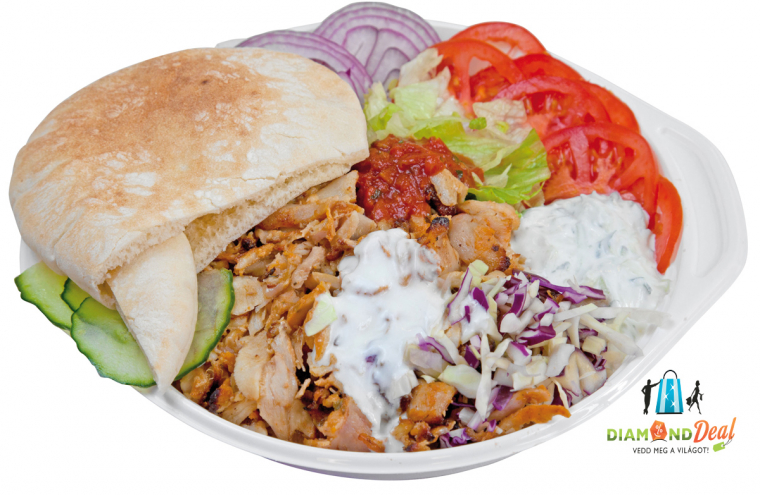 Extra húsos Gyros tál, hasábburgonyával, baconos virslivel, sajtos pulyka tallérral, salátával!