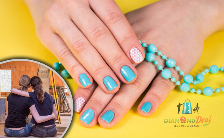 Színes géllakk minimanikűrrel, körömformázással és 2 ujj díszítésével 2 fő részére