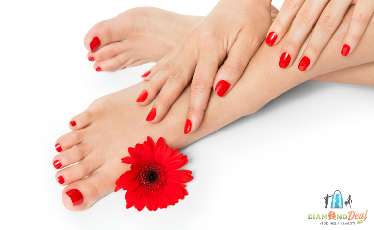 Manikűr és pedikűr gél lakkozással választott díszítéssel két körömre és mini lábmasszázzsal