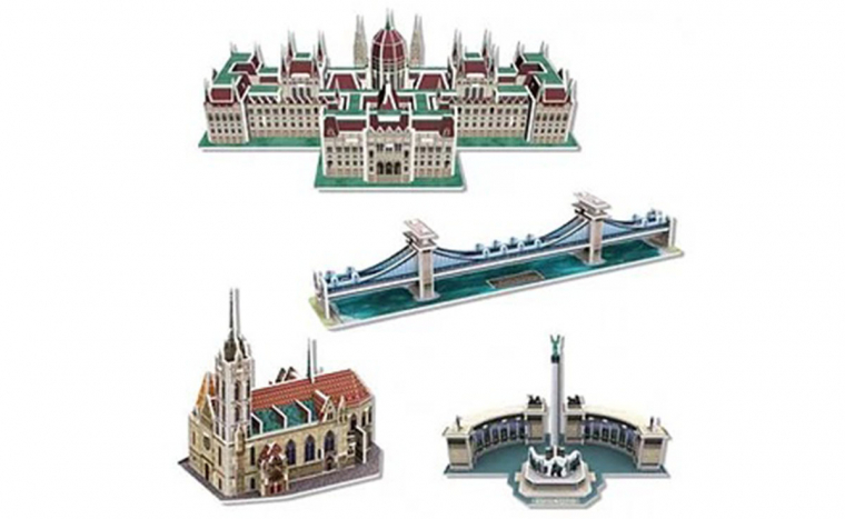 3D puzzle Mini építészeti sorozat, magyar épületek: Parlament, Mátyás-templom, Lánchíd, Hősök tere
