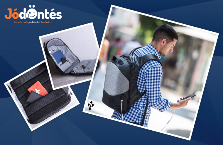 Lopásgátlós hátizsák, laptop és tablet rekesszel, USB csatlakozóval