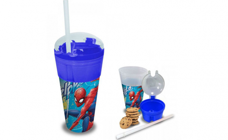 Praktikus Pókemberes műanyag pohár snack tartóval és szívószállal