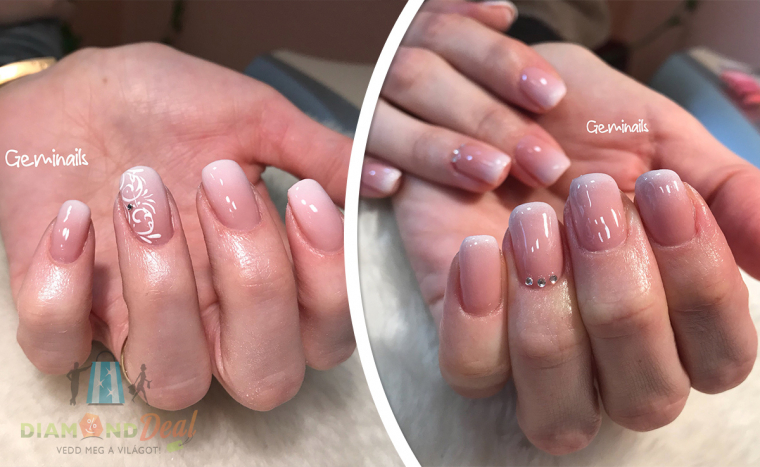 Zselés műköröm építés babyboomer technikával, 1-1 köröm díszítésével, garanciával a IX. kerületben!