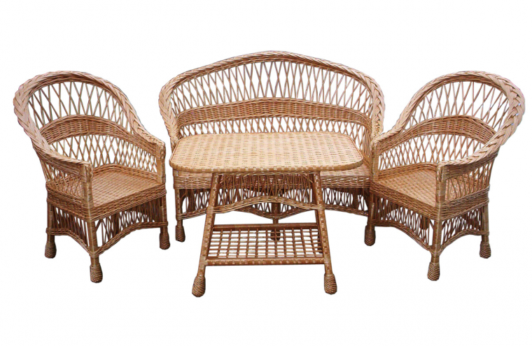 Kényelem garnitúra: egyedi kivitelezésű, tiszai fűzfából kézzel fonott szófa, asztal és 2 db fotel