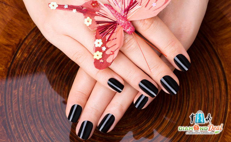 Erősített géllakkozás 1-1 köröm díszítéssel, gépi manikűrrel a belvárosban